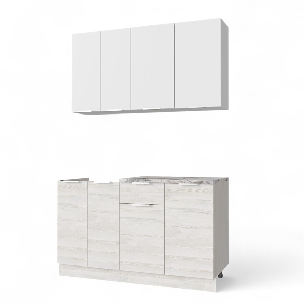 Кухня РЕГГИ Белый Жемчуг/Сосна Лофт/Альберика 1.4м + столешница + сушка + планка 