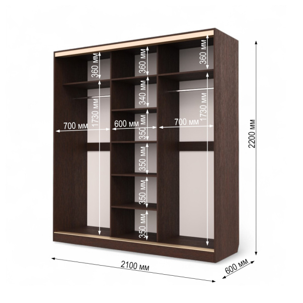 Шкаф-купе БН-61 3дв 2100х600х2200 Венге/золото  Шкаф-купе БН-61 3дв 2100х600х2200 Венге/золото